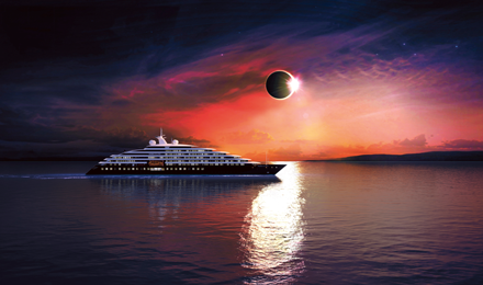 Scenic Eclipse ship rendering sailing in the ocean with an eclipse moon in the background under a star filled night sky