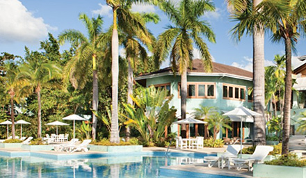 A Couples Resort with big palm trees, a pool and lounge chairs