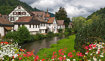 Traditional tutor homes lining a river with flowers and lush landscaping in Germany