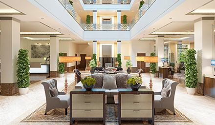 The lobby of a modern hotel
