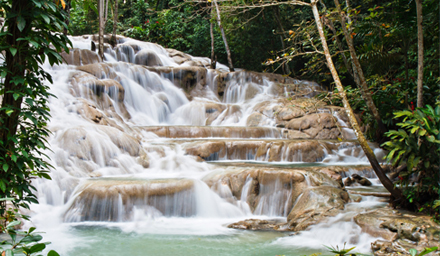Dunn's River Falls in Jamaica surrounded by lush tropical landscaping