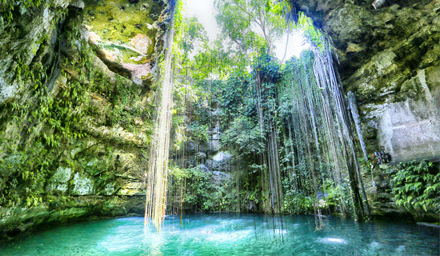 Lush landscaping lining a giant sinkhole filled with water in Mexico