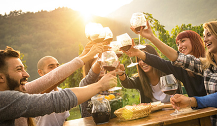 A group of young friends celebrating with wine around a table in an outdoor vineyard setting